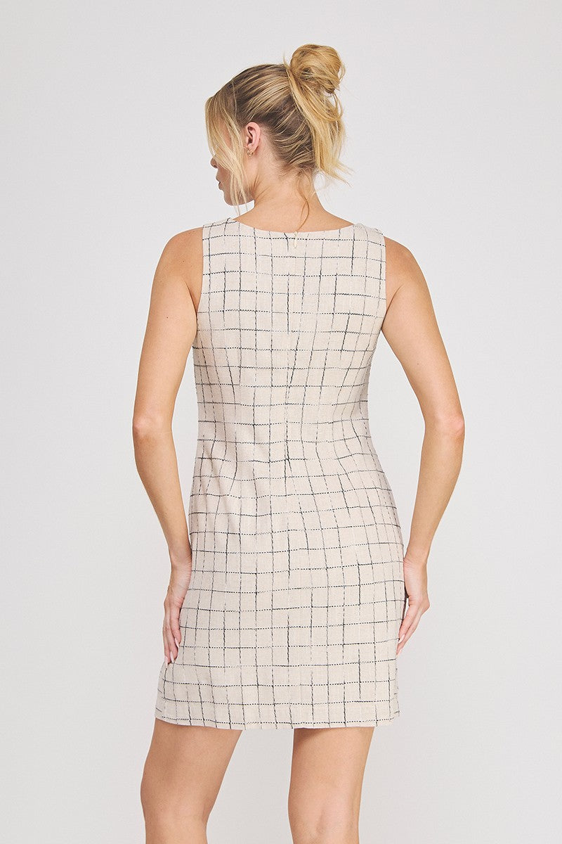 Grid Pattern Back Zip Mini Dress