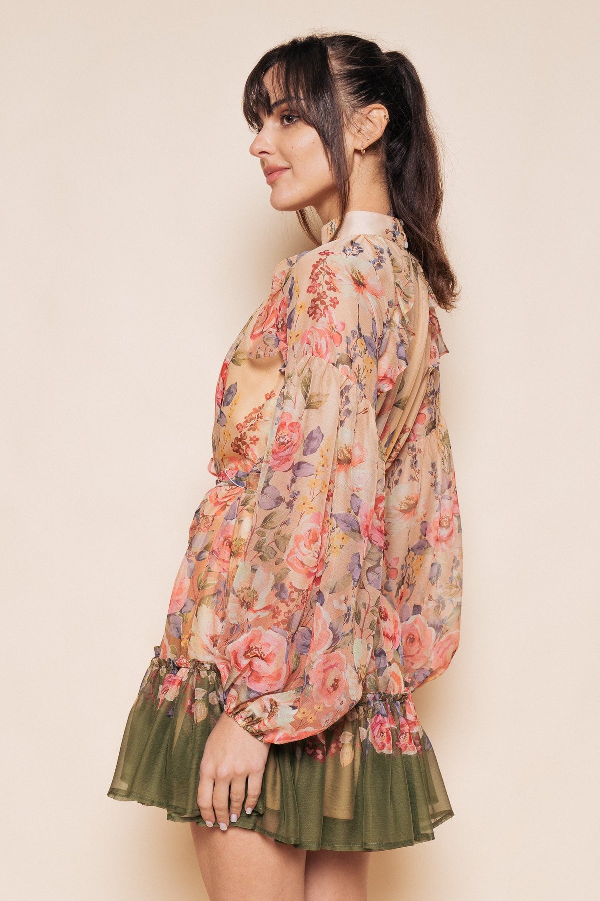 Sheer Mock Neck Flowy Mini Dress With Tie Belt