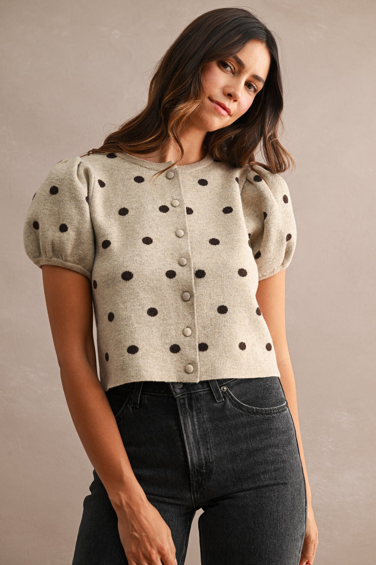 Polka Dot Puff Sleeve Knit Cardigan