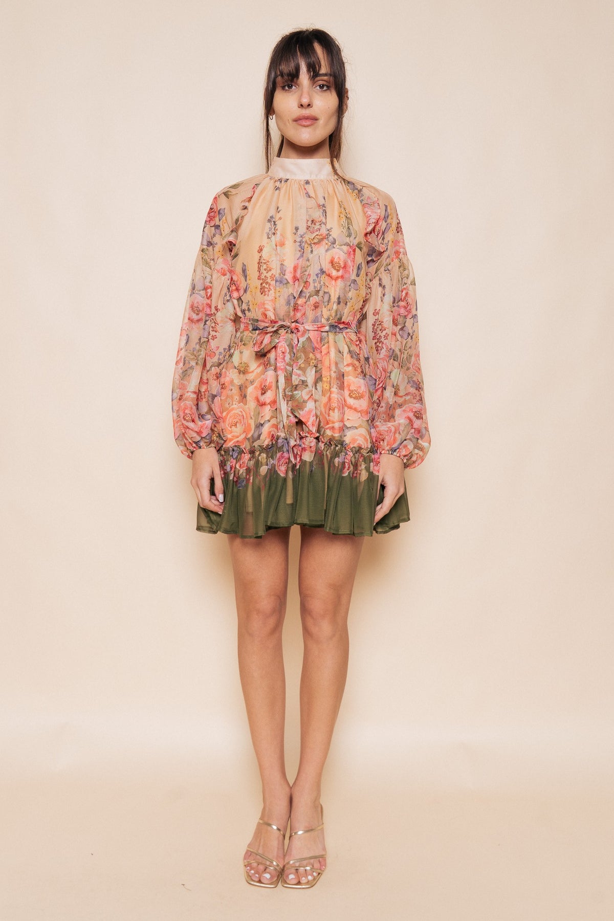 Sheer Mock Neck Flowy Mini Dress With Tie Belt