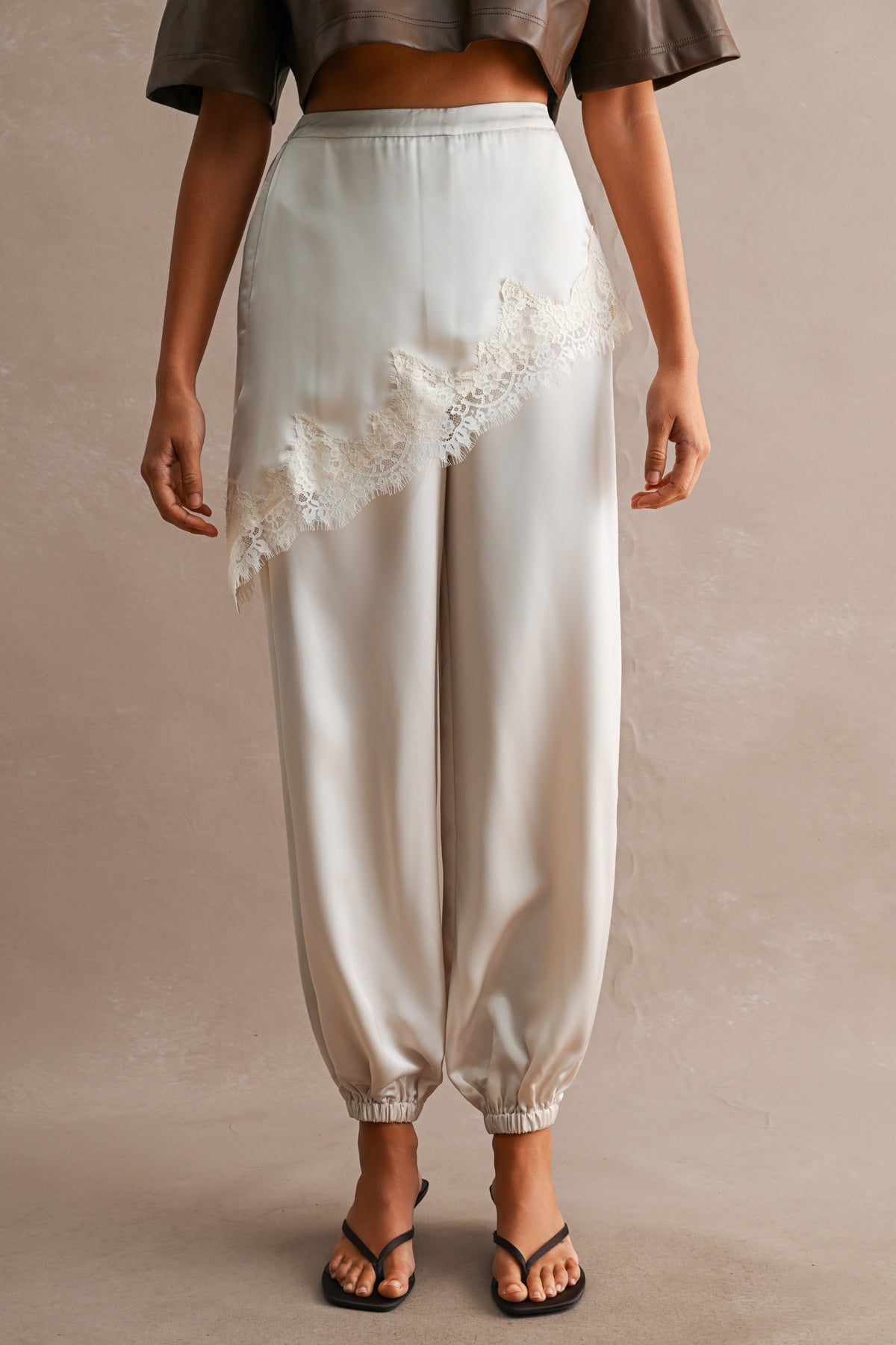 Satin Lace-Trim Jogger Pants