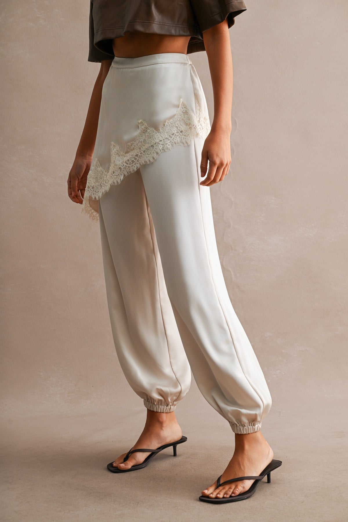 Satin Lace-Trim Jogger Pants