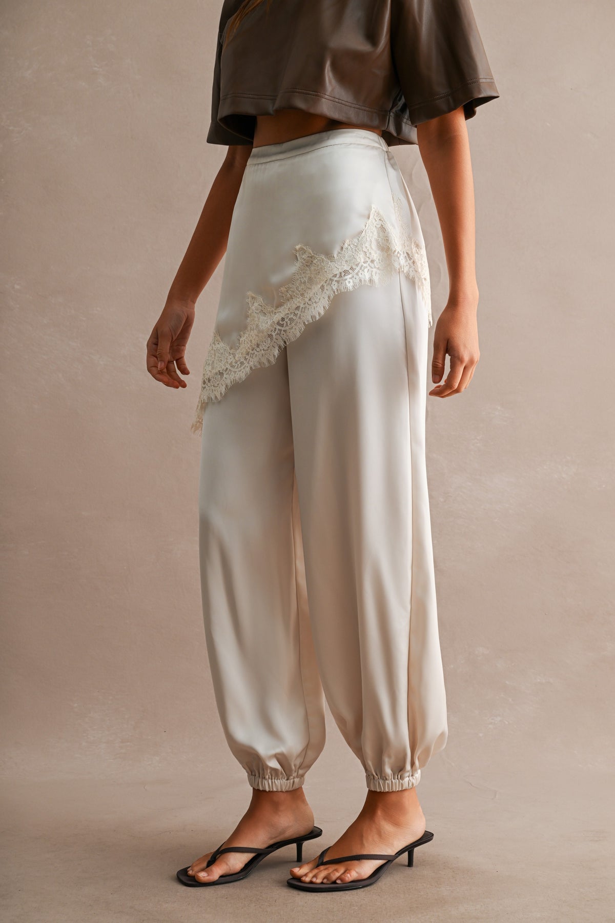 Satin Lace-Trim Jogger Pants