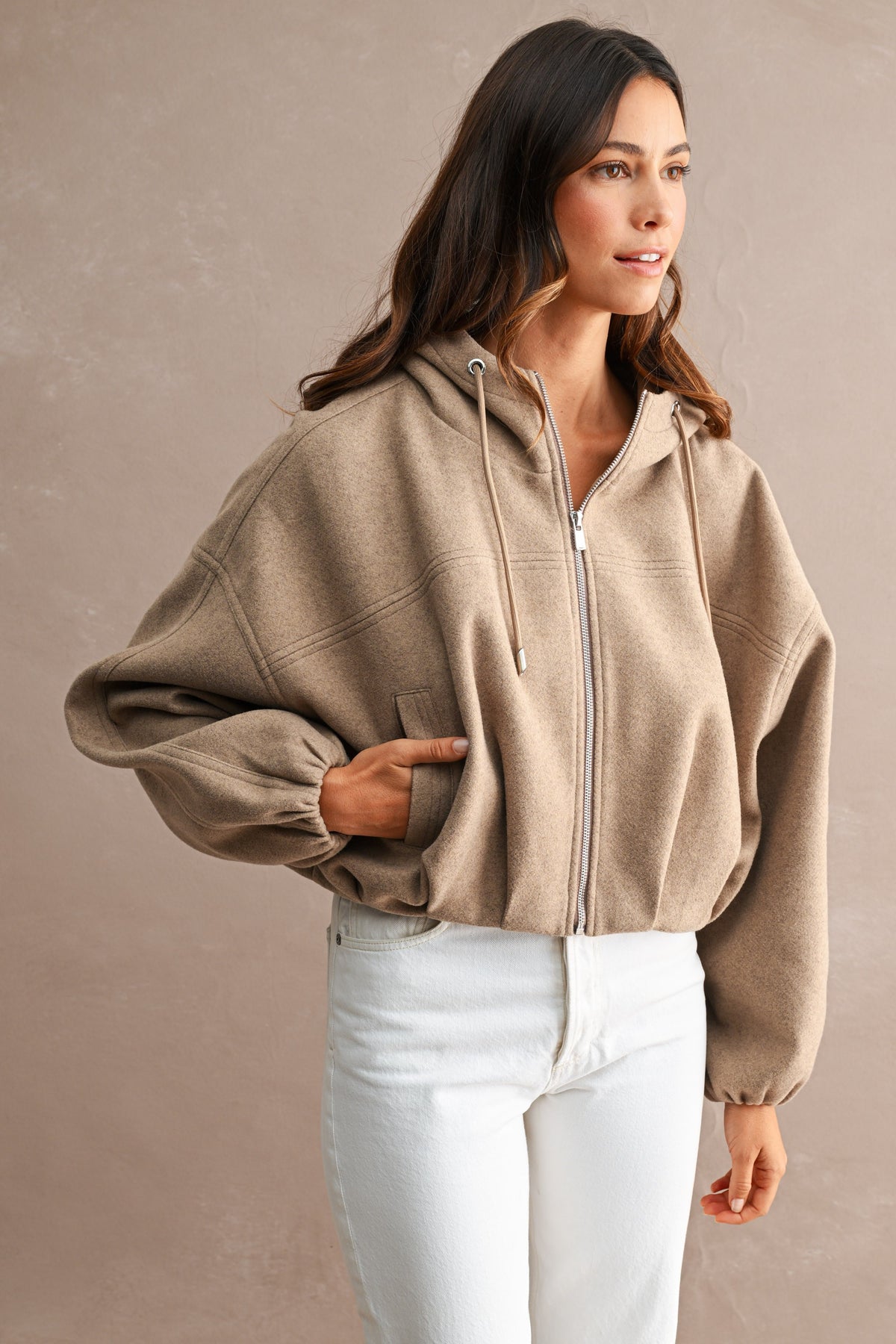 Cropped Balloon Sleeve Bubble Hem Zip-Up Jacket