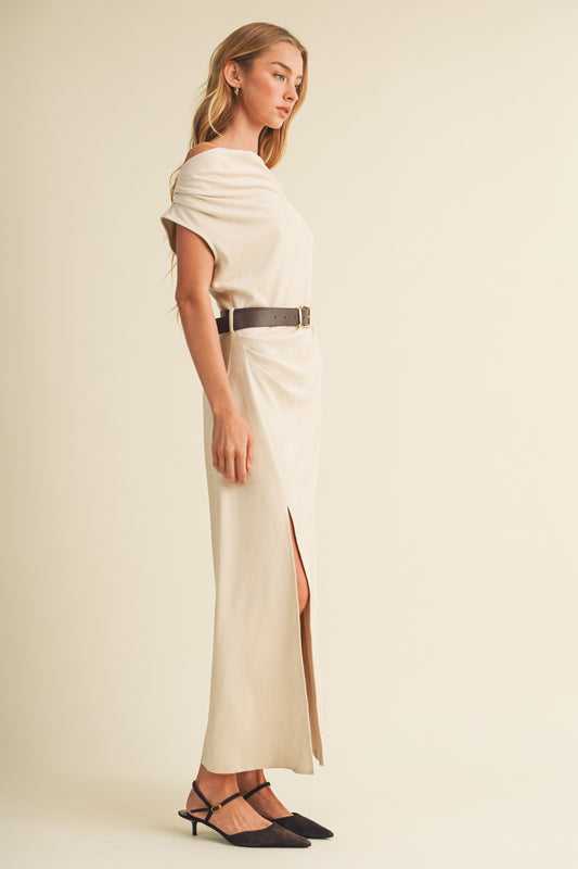 Sueded Knit Asymmetric Cowl Maxi Dress
