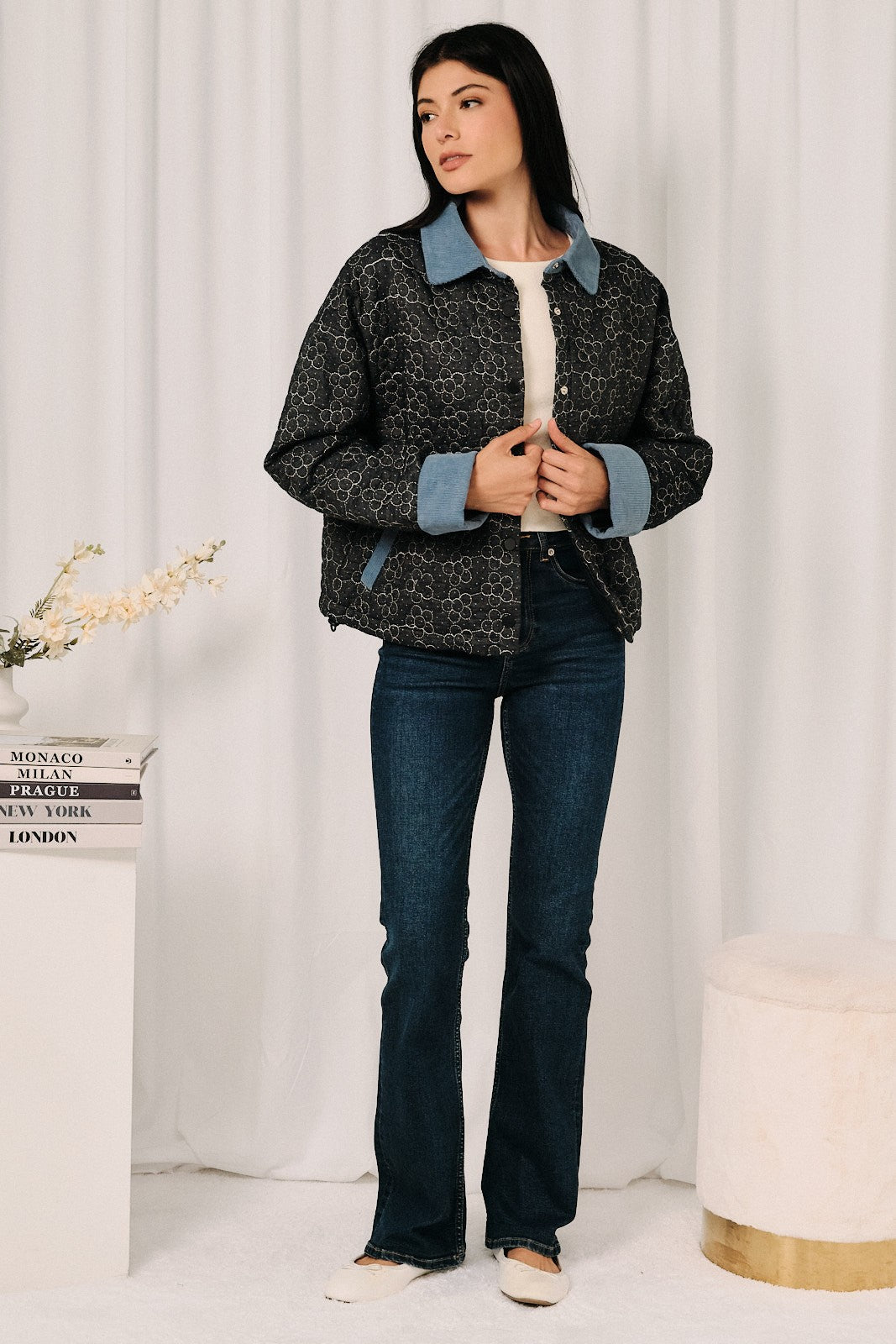 Floral Quilted Snap-Front Corduroy Jacket